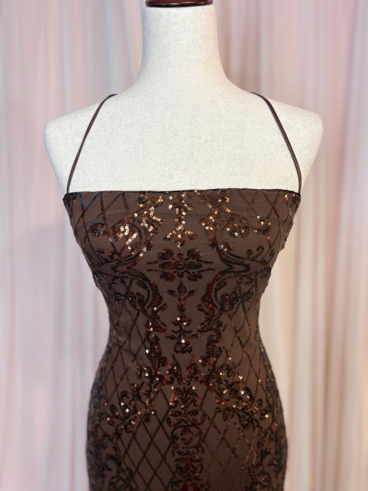Windsor Brown Sequin Geometric Bodycon Mini Dress L Spaghetti Strap Backless