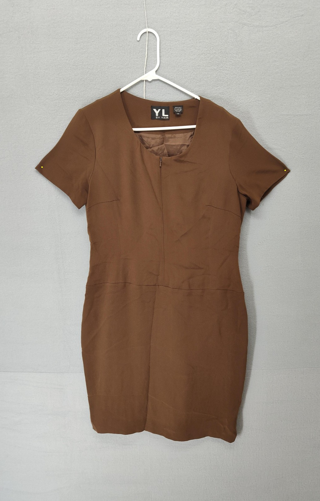 YL By Yair Dress Womens 14 Brown 100% Silk Short Sleeve Sheath Career Cocktail
