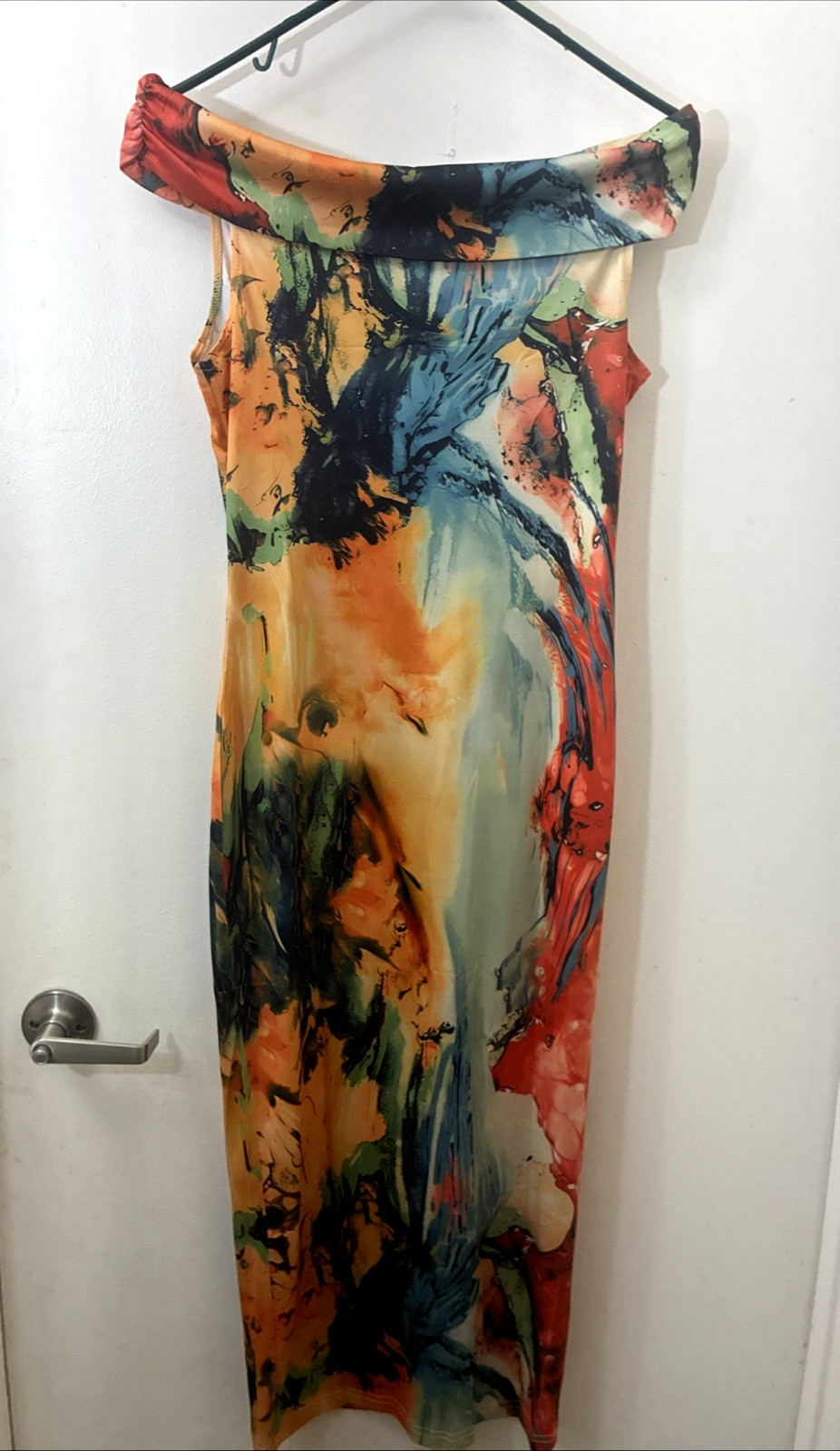 Abstract Watercolor Cowl Neck Midi Dress Women Small Multicolor Stretch
