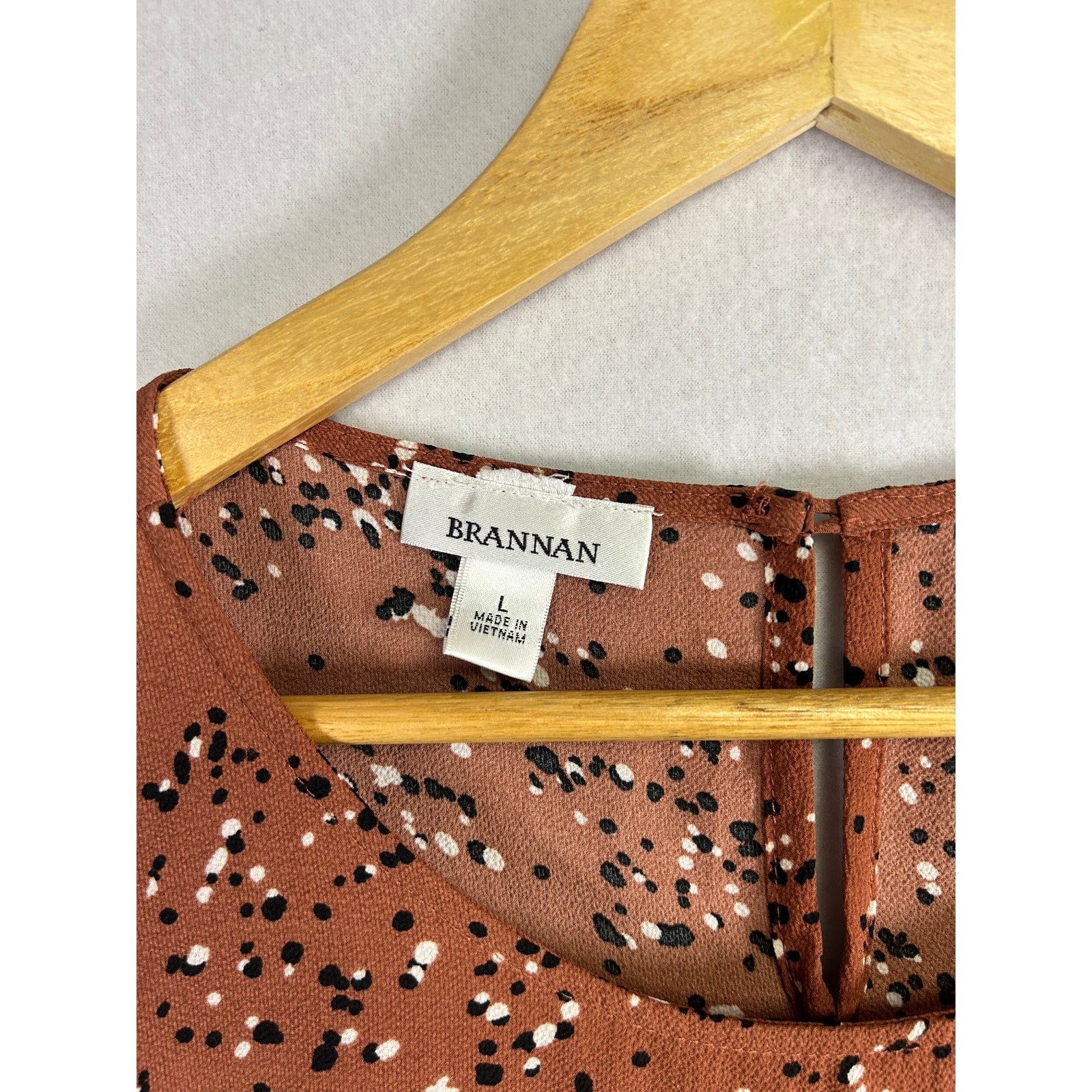 Boho Feminine Brannan Brown Dress – Rust with Black & White Dots, Size L