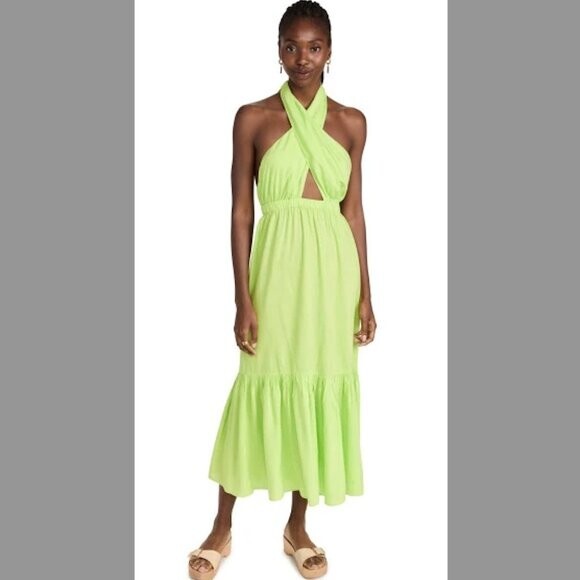 Playa Lucila Dress Women’s S Halter Lime Green Midi Tiered Vibrant Neon Tropical