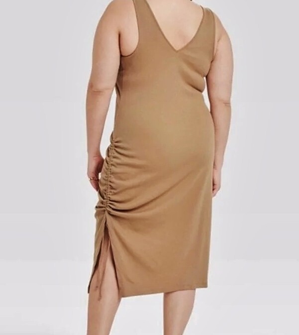 A New Day Womens Sleeveless Lt Brown Ruched Stretched Knit Dress 1X NEW/TAG