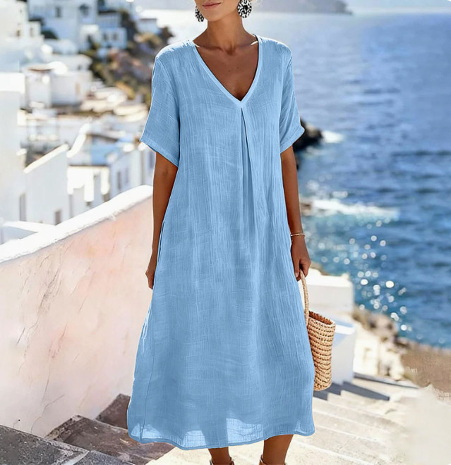 Ladies Solid V Neck Short Sleeve Cotton Linen Long Dress Loose Fit Casual Dress