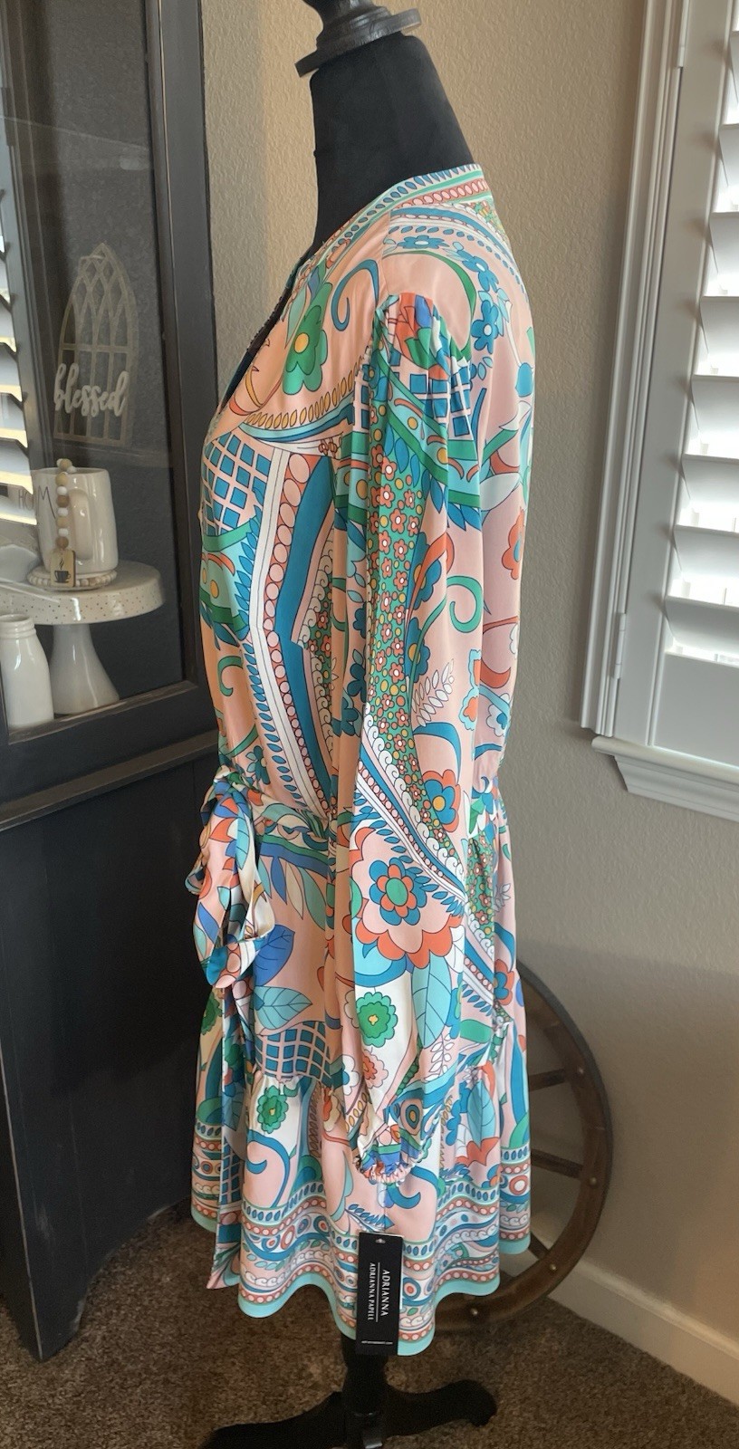 ADRIANNA PAPELL Long Sleeve Retro Print Dress Short Tie Waist Flowy Flouncy 14