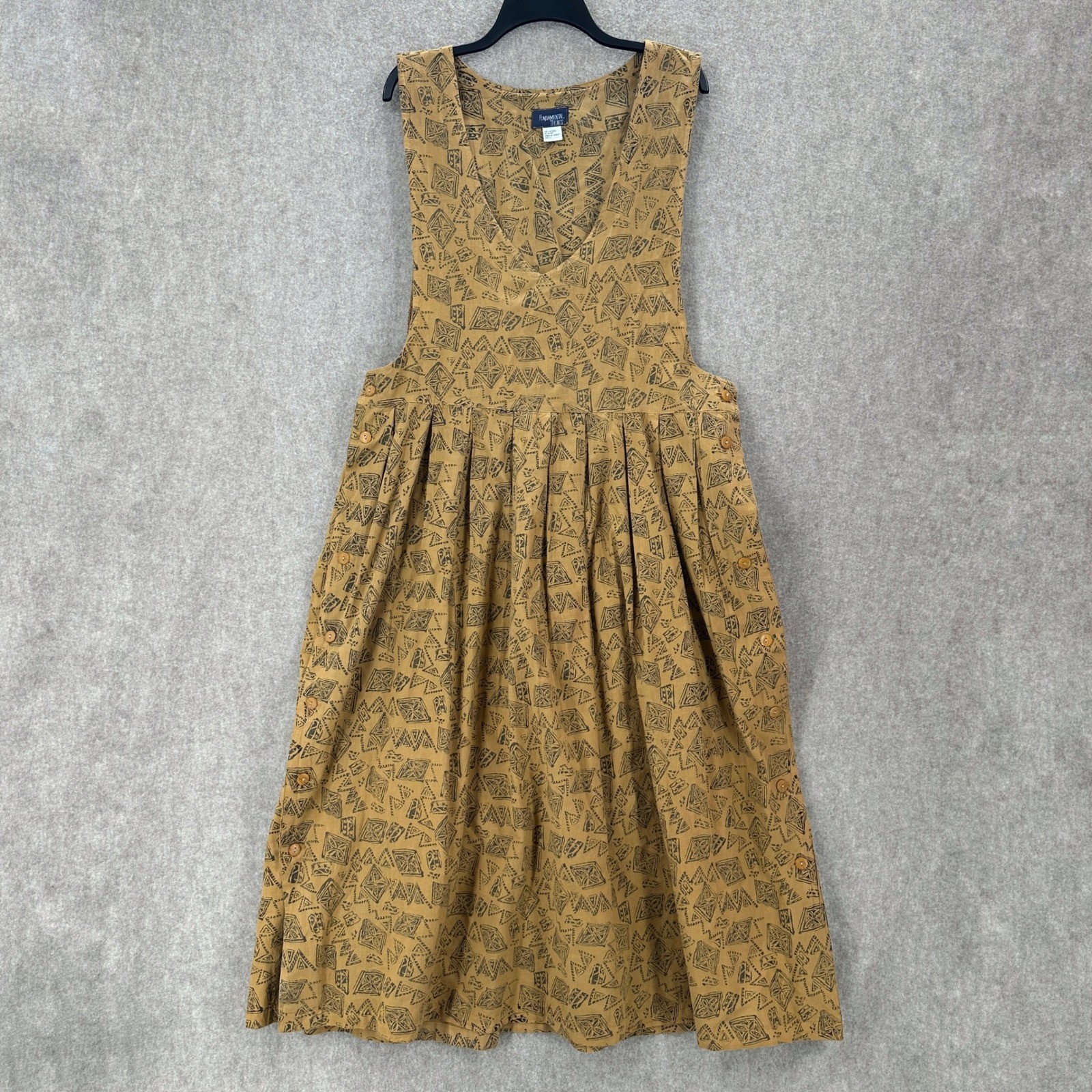 Fundamental Things Pinafore Dress Tan Geometric Print Pleated Midi Size 14