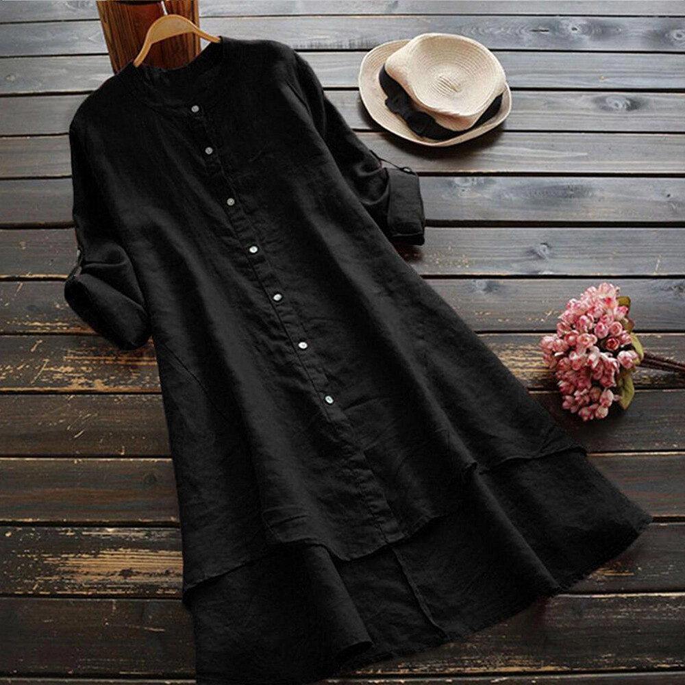 Womens Solid Ruffel Pleated Shirt Dress Long Sleeve Round Neck Casual Dress US