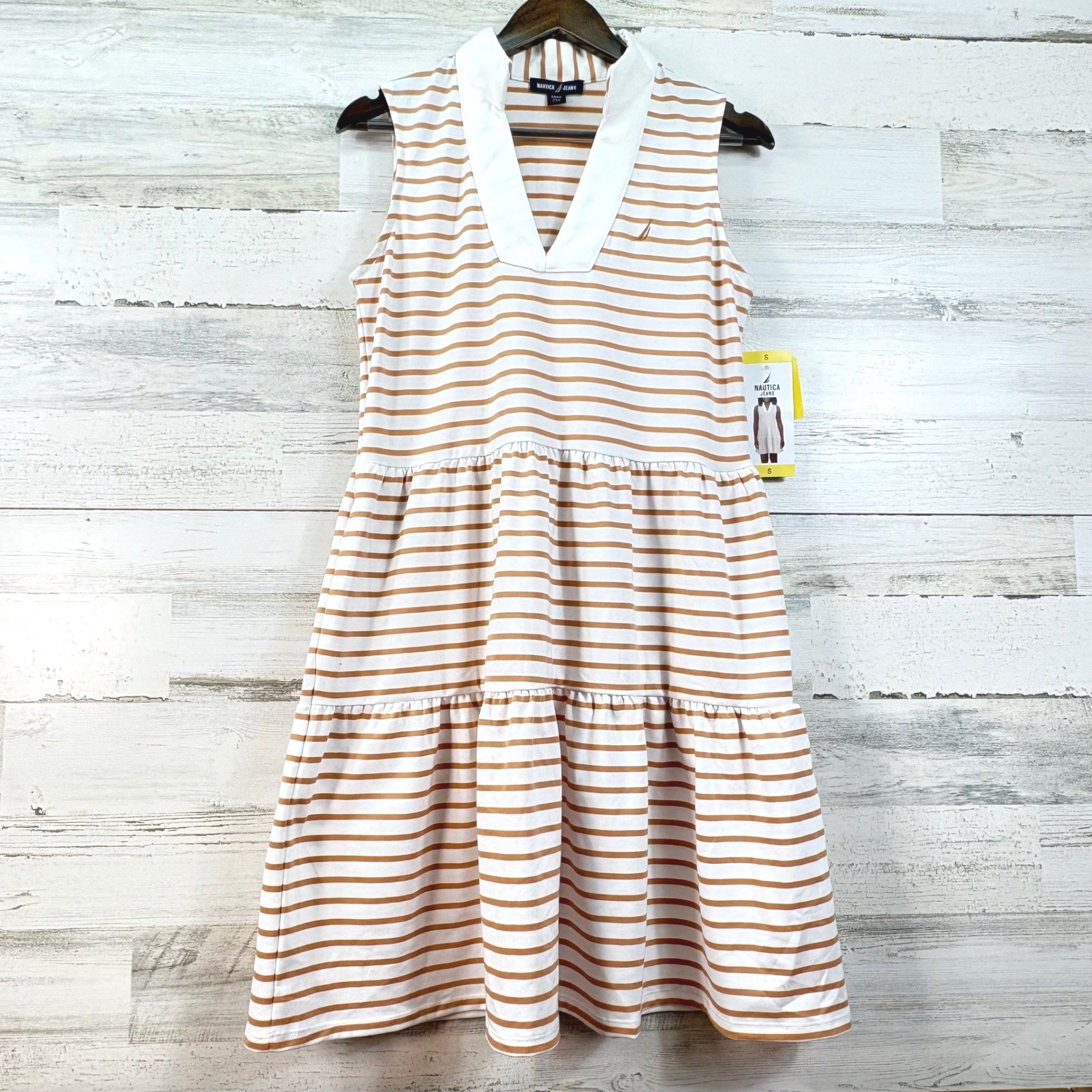 Nautica Jeans Striped Tiered V-Neck Polo Dress Almond Ivory S NEW Summer Sporty