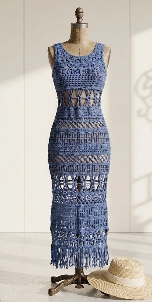 Boho Crochet Maxi Dress Blue Open Knit Fringe Beach Cover Up Sleeveless