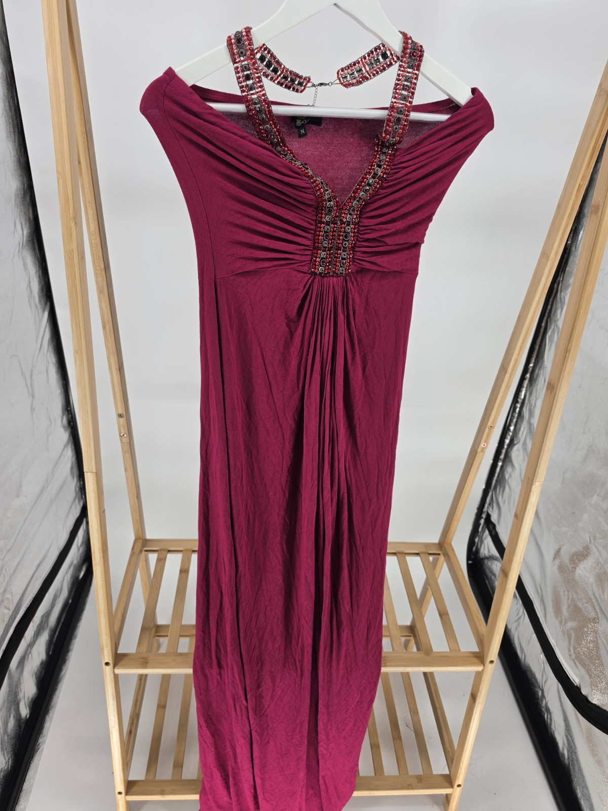 Vintage SKY Brand Burgundy Maxi Halter Dress Medium Y2K Beaded M EUC