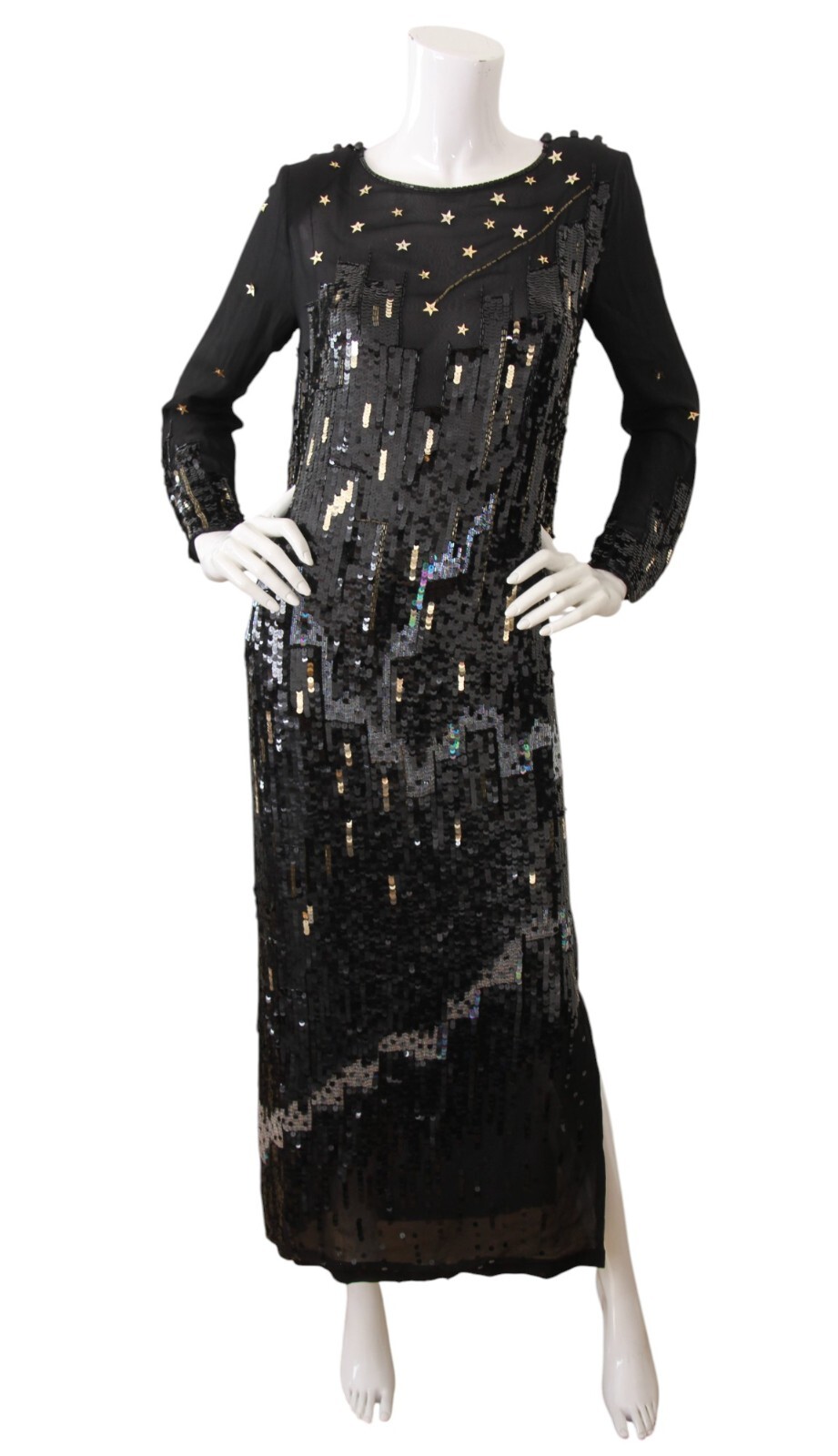 Vintage Tadashi Dress Sequin Beaded Silk Skyline Star Applique Gown Size 8 RARE