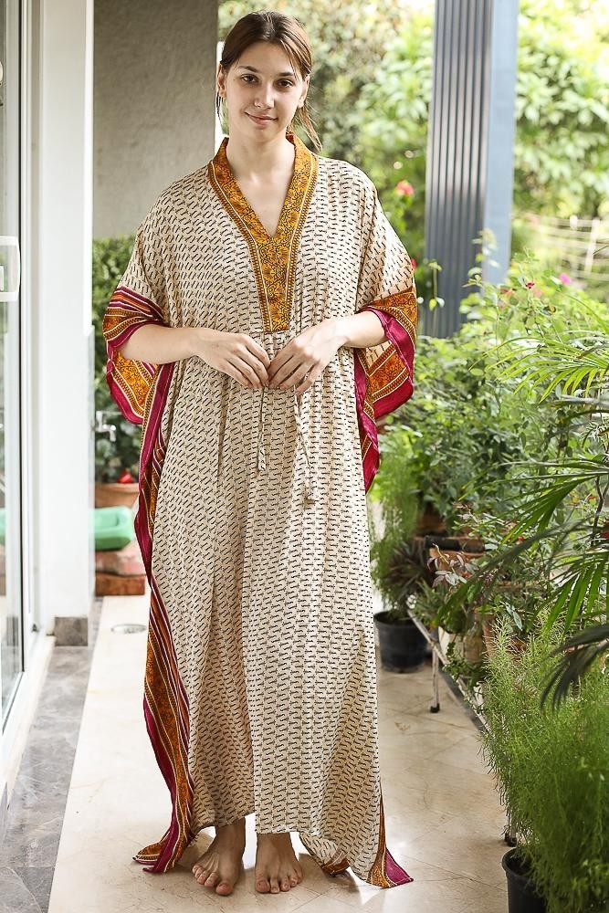 Silk Beige Kaftan / Handmade Flowy Maxi Dress / Resort Wear Outfit PS MFN1059