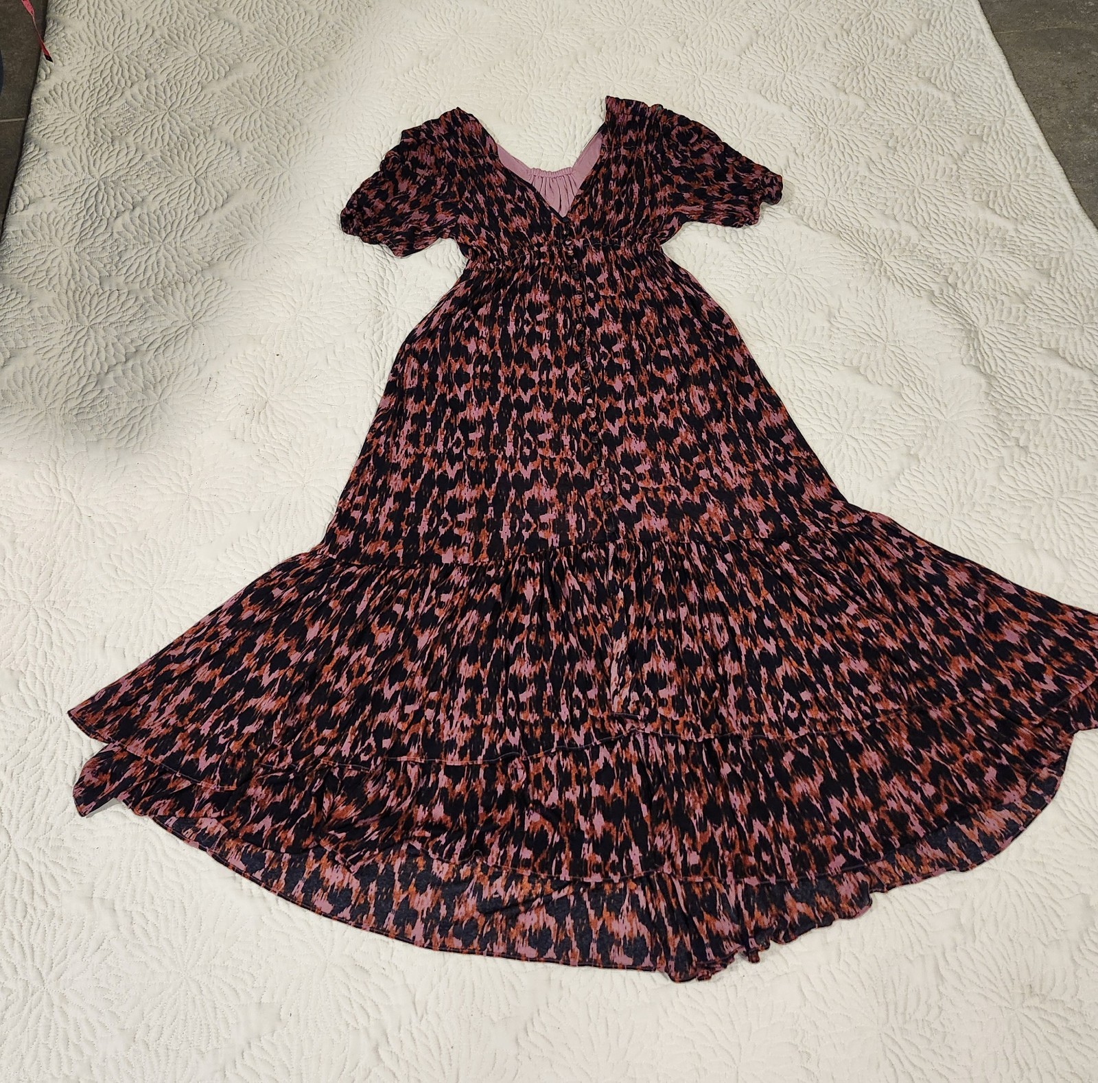 Anthropologie Purple Printed Ruched-Sleeve Mesh Lined Maxi Dress Petites Sz S