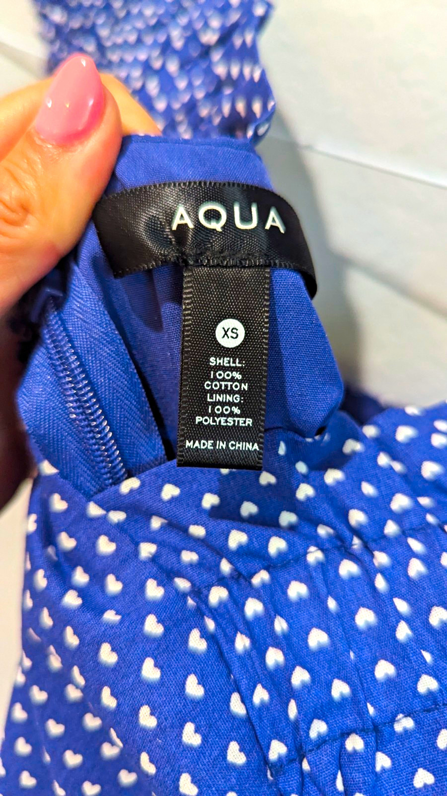 Aqua XS Blue/White Heart Print Square Neck Fit & Flare Short Dress