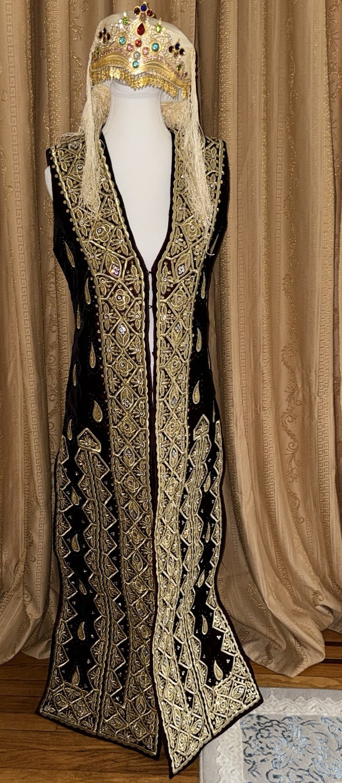 Women’s Red and Gold Embroidered Velvet Kaftan Robe with Headdress, One Size