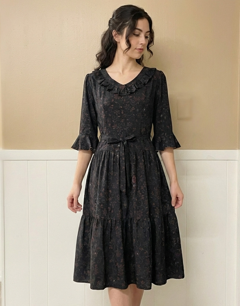 Kimono Remake Dark Brown 2-tier Skirt Dress Flounce Sleeve Ribbon Belt No Lining
