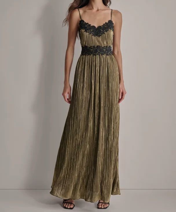 DKNY Women’s Gold Pleated Metallic Lace-Trim Sleeveless Gown Dress Size 4
