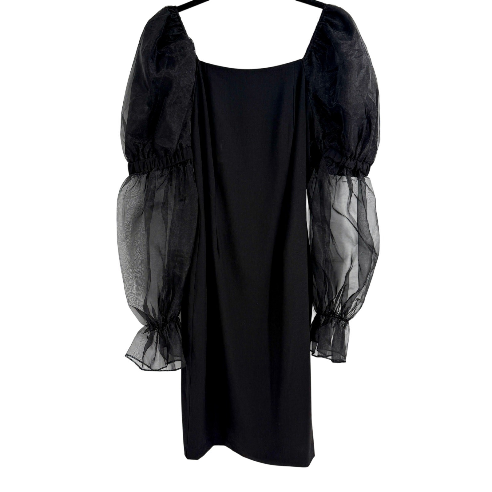 Ivy City Co. Black Mini Dress Sheer Puff Sleeve Square Neck Size Small