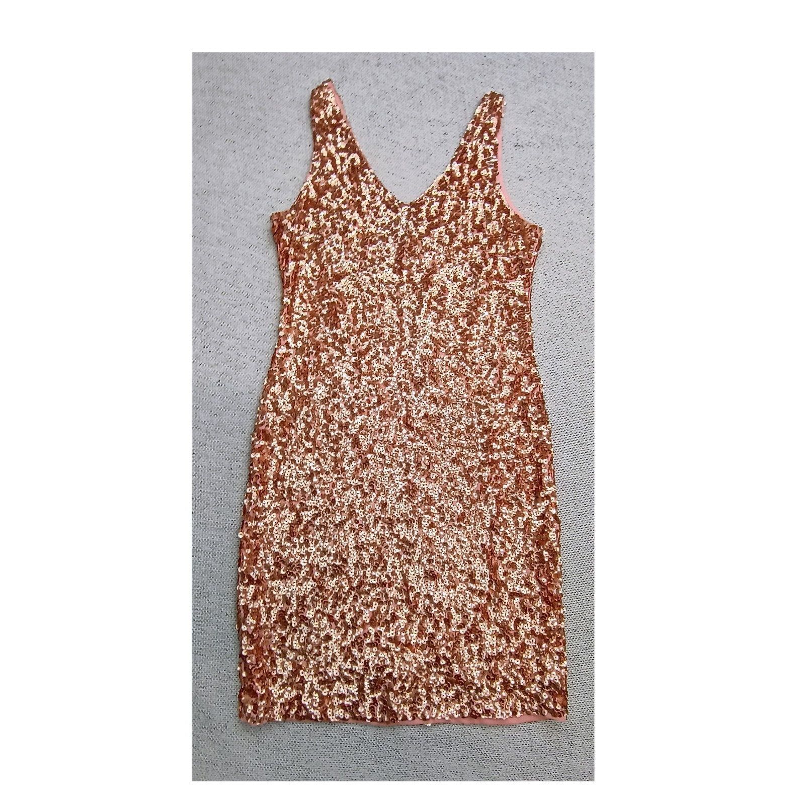 PrettyGuide Rose Gold Sequin Metallic V-Neck Strappy Bodycon Mini Dress M