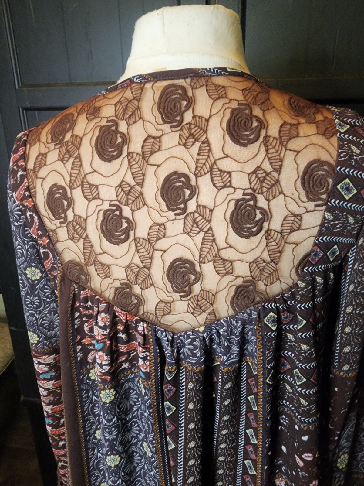Bow + Arrow Boho Peasant Dress Brown Patchwork Sheer Lace Tassels Women’s S EUC