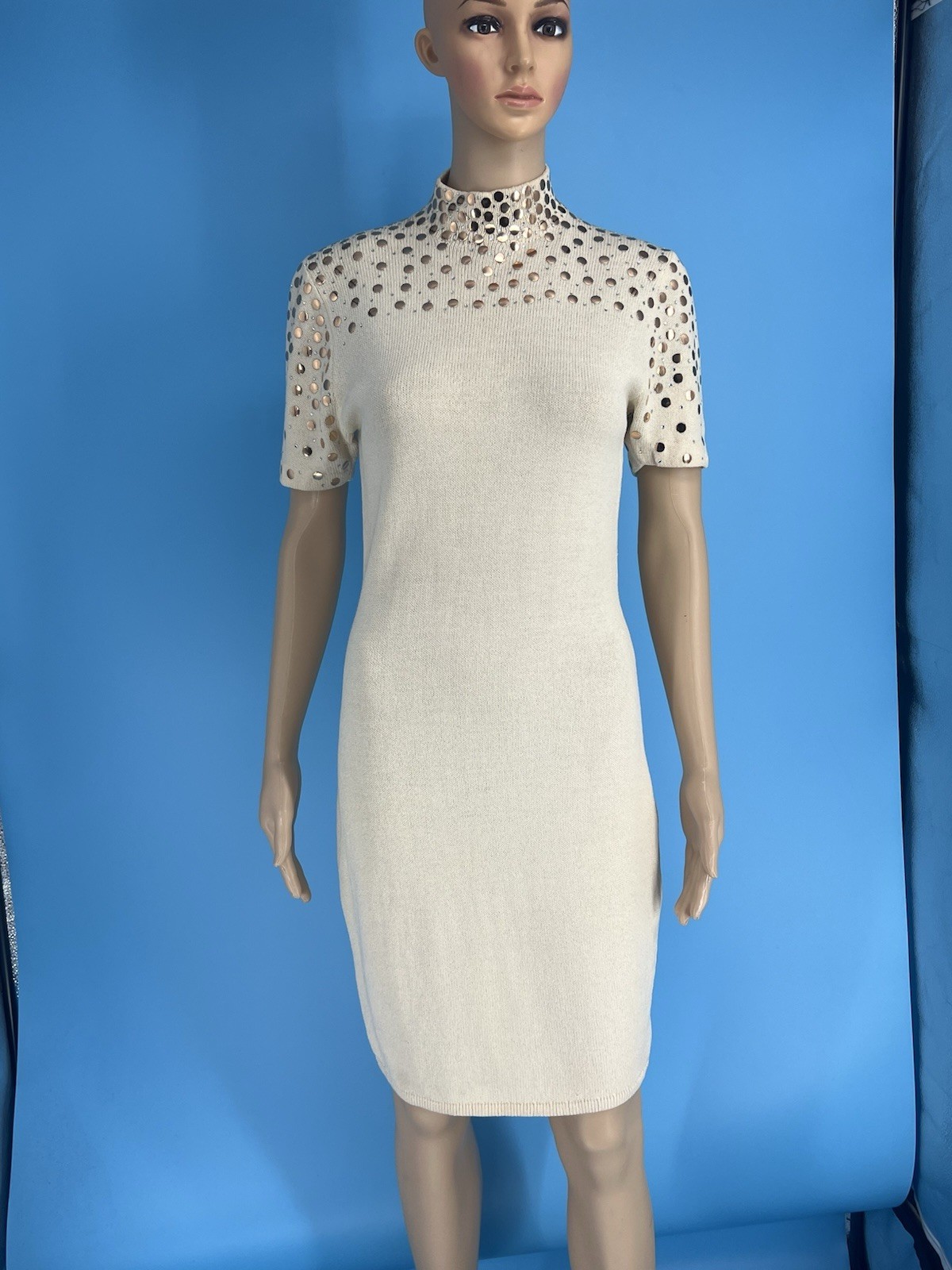 St. John Marie Gray Knit Ivory Gold Studded Sheath Dress Size: 4 Made in USA