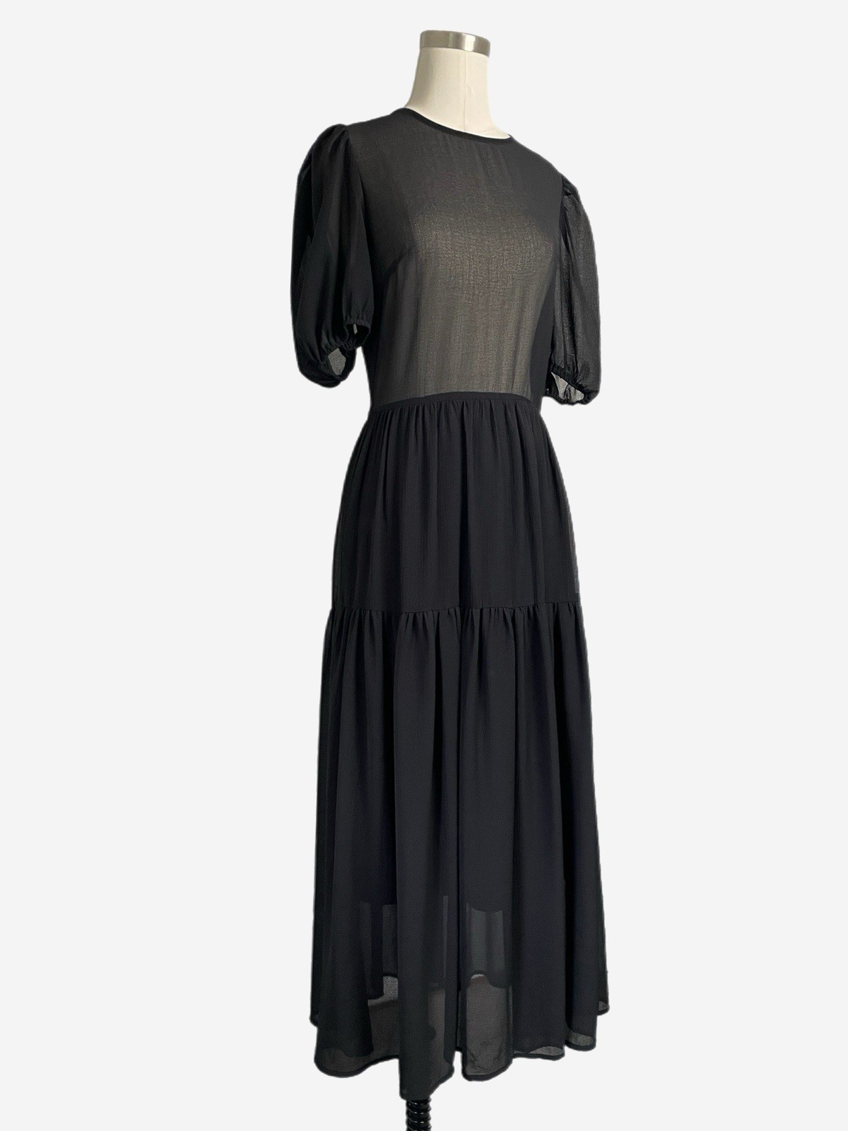 Never Fully Dressed Black Abigail midi dress puff sleeve sheer tiered textured 4
