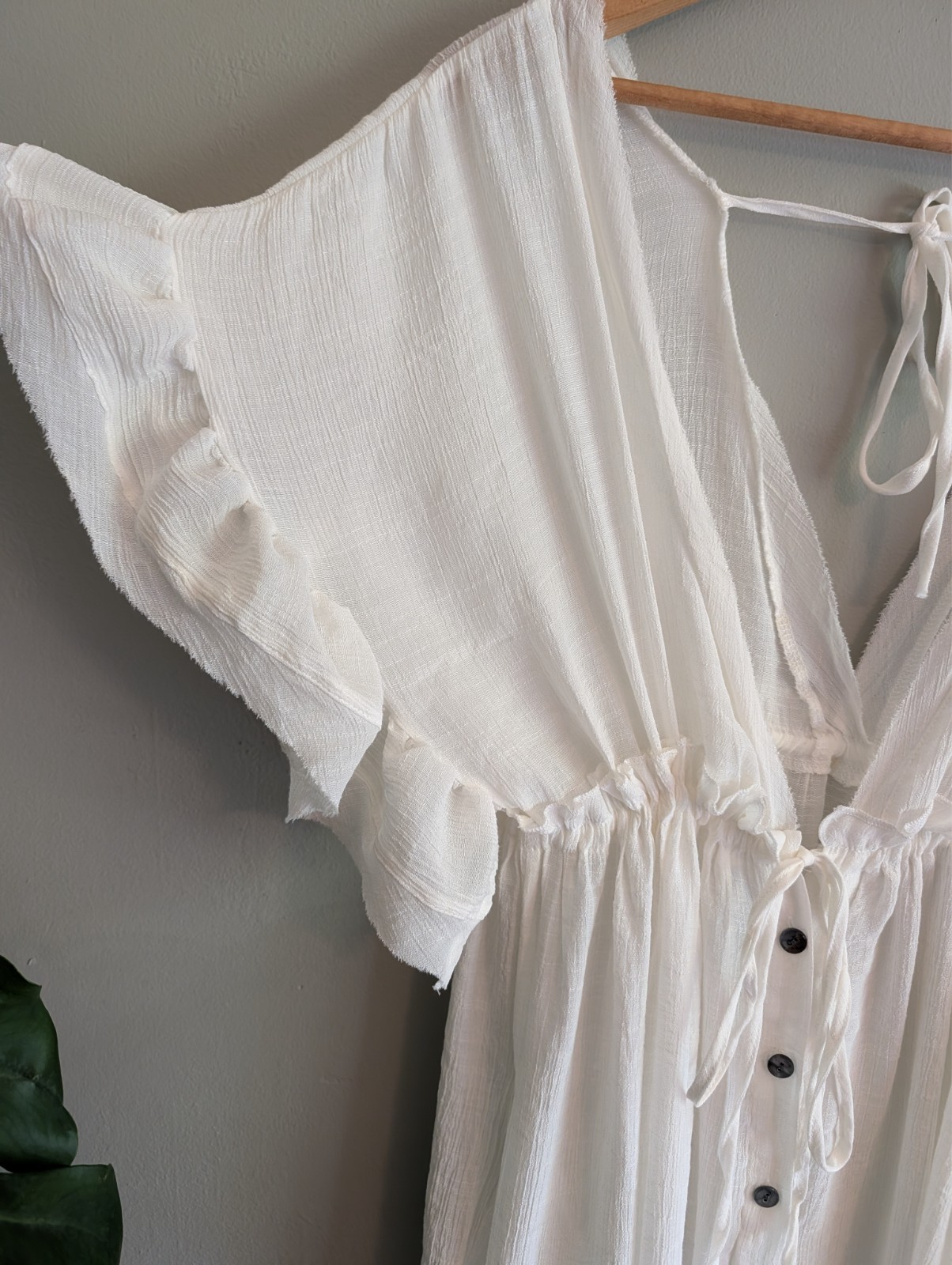 White Gauze Maxi Dress Cover Up Flowy Button Front Tie Back Boho Beach Feminine
