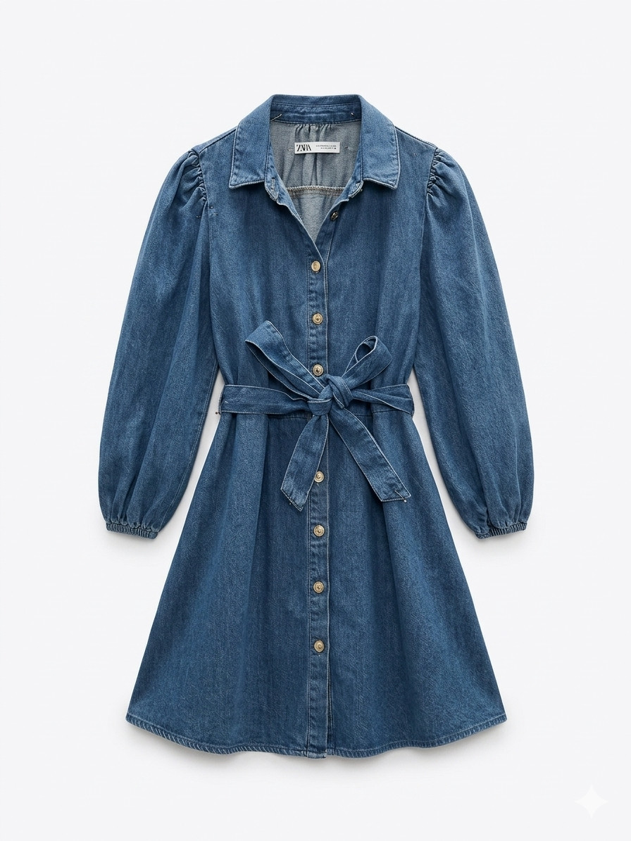 ZARA Women’s XS Denim Shirt Dress Puff Long Sleeve Button Front Tie Belt Pocket