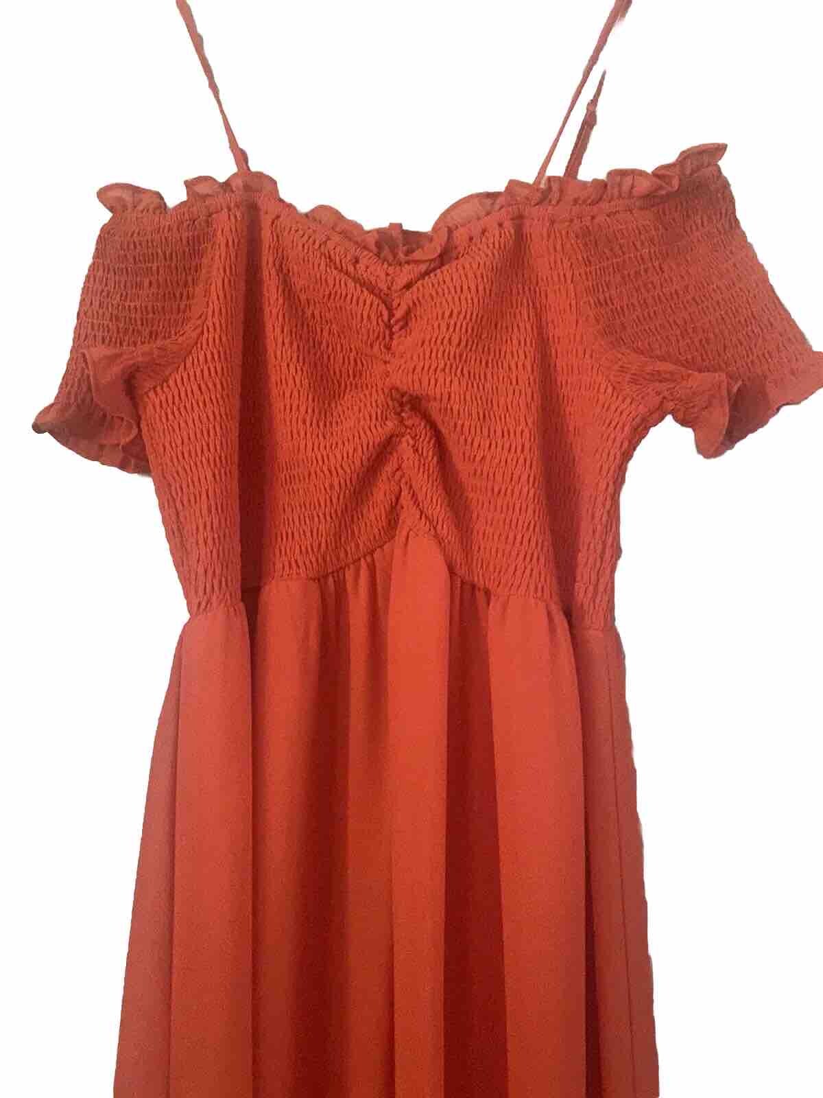 She + Sky Coral Red Off-the-Shoulder L Midi Dress Spaghetti Straps Summer Dress