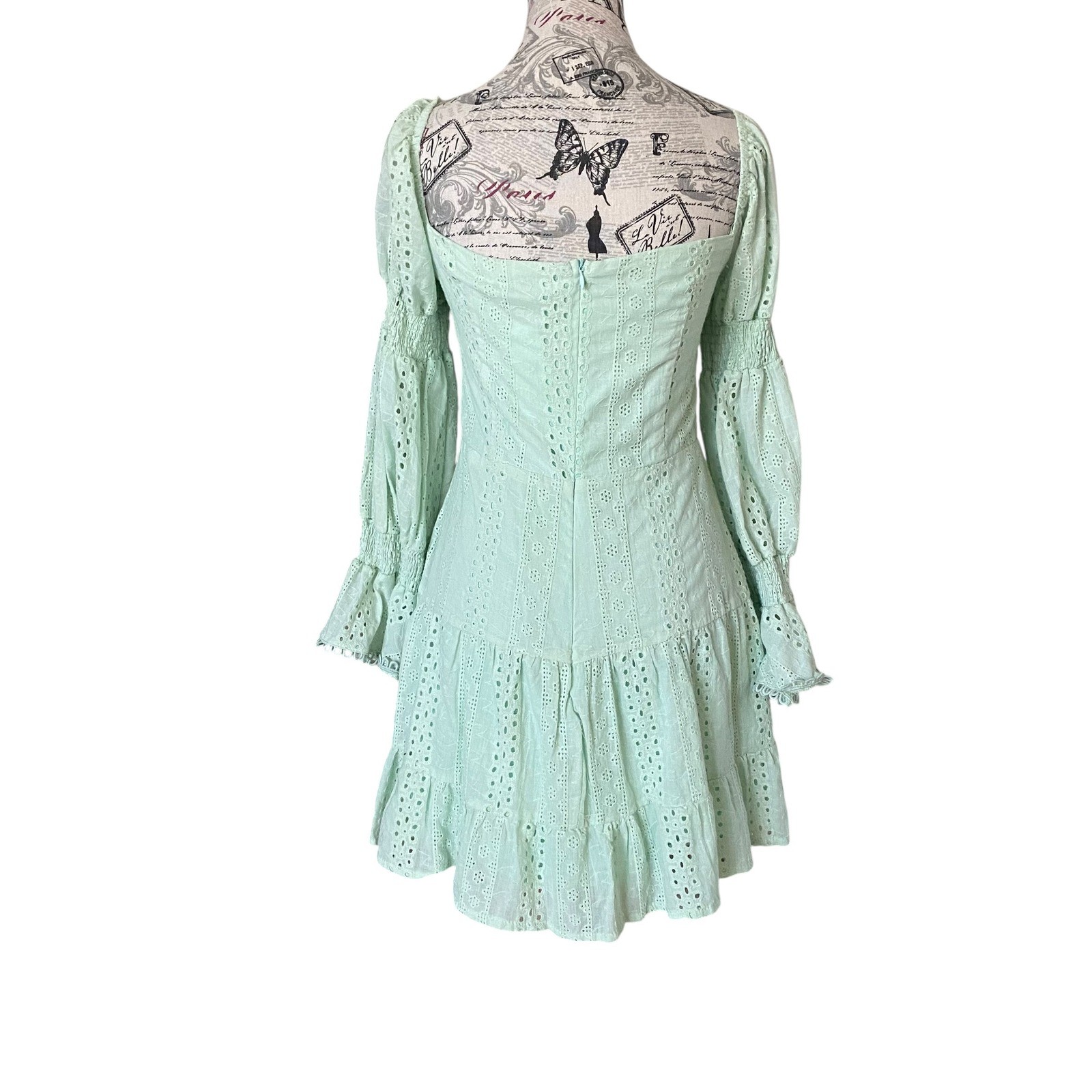 Chicways Eyelet Lace Mini Dress Womens L Mint Green Cutout Bell Sleeve NWT