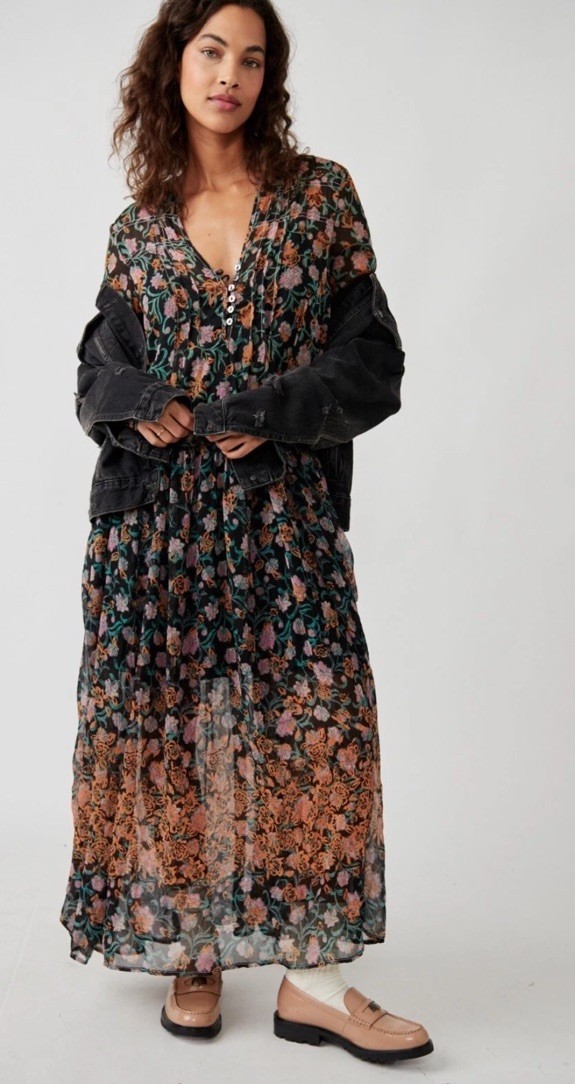 Free People See It Through Dress Floral Long Sleeve Sheer Maxi XS Pockets Boho