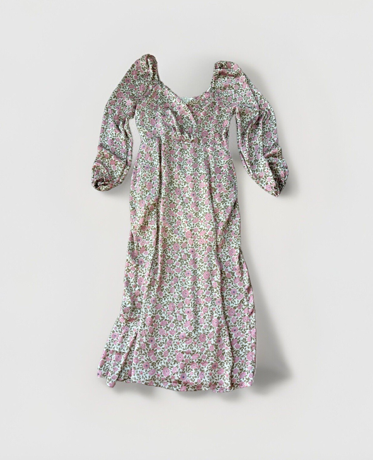 All In Favor Floral MIDI Satin Dress Size M Puff Sleeve Slit Pink Long Sleeve