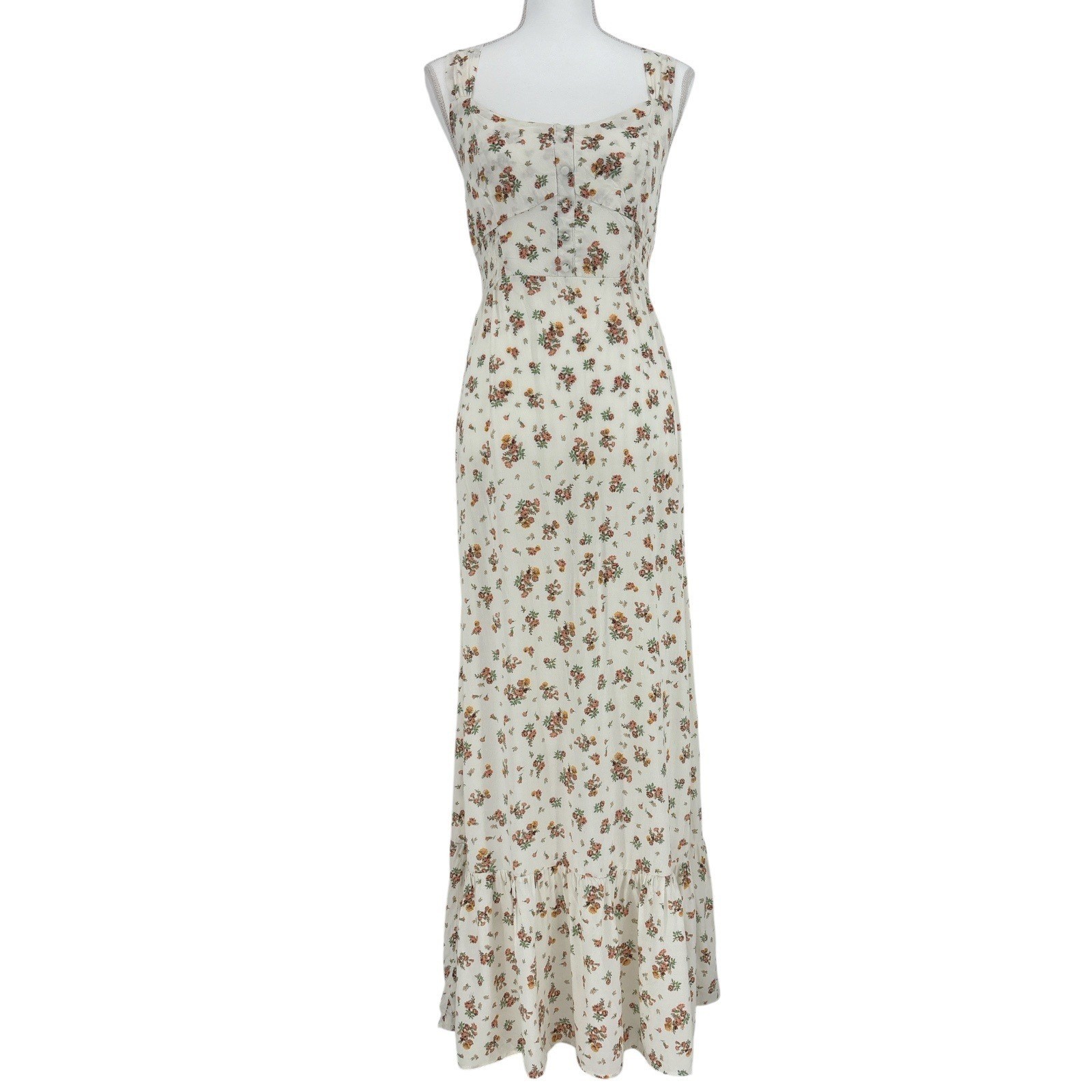 Floral Maxi Dress Cross Tie Back Cream Pink Boho Cottagecore Romantic Large