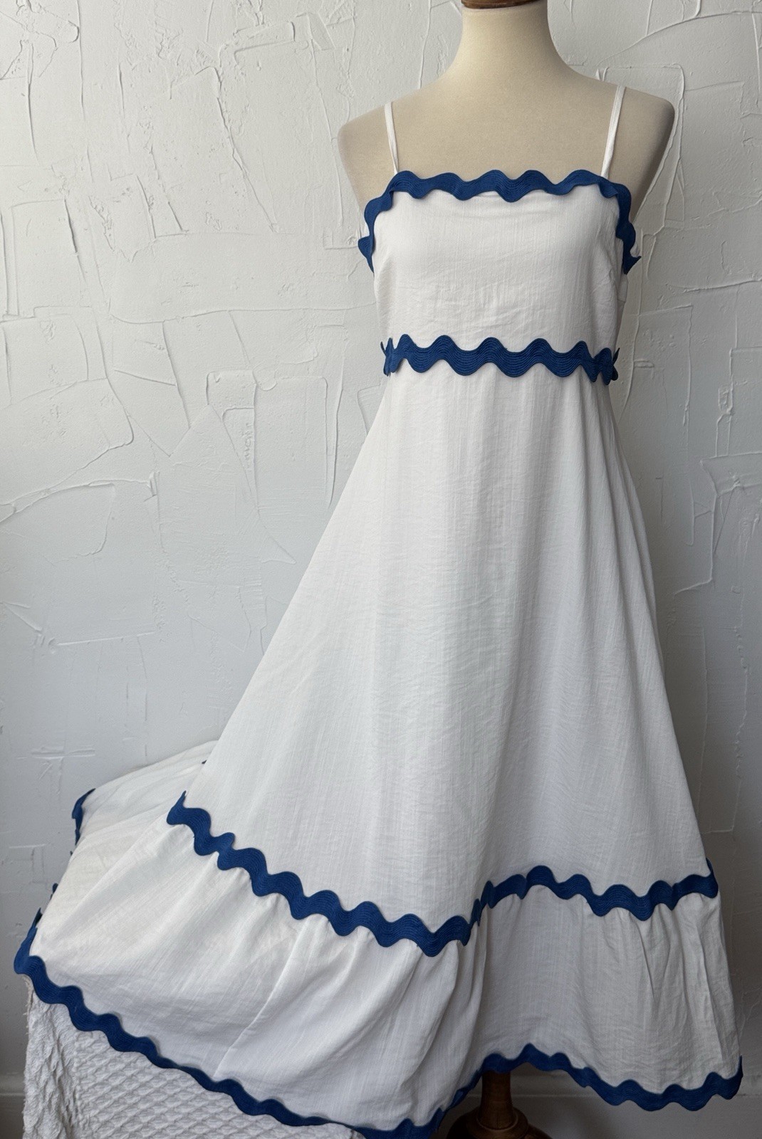 Fashion Maxi Sundress (S) Blue Zigzag Trim White Stretch Adjusting Straps Lined