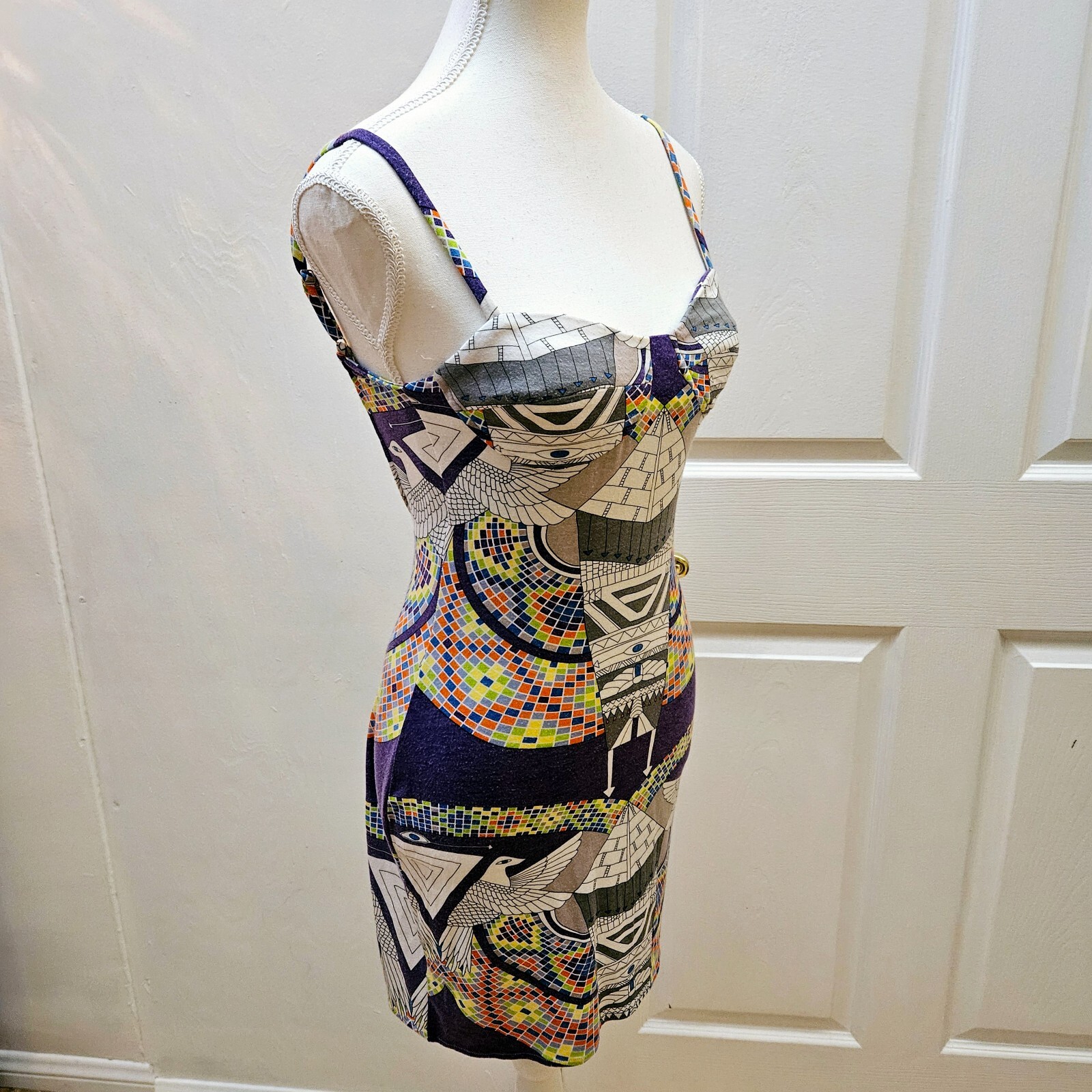 MARA HOFFMAN Runway White Purple Printed Egypt Stretch Bodycon Mini Dress XS