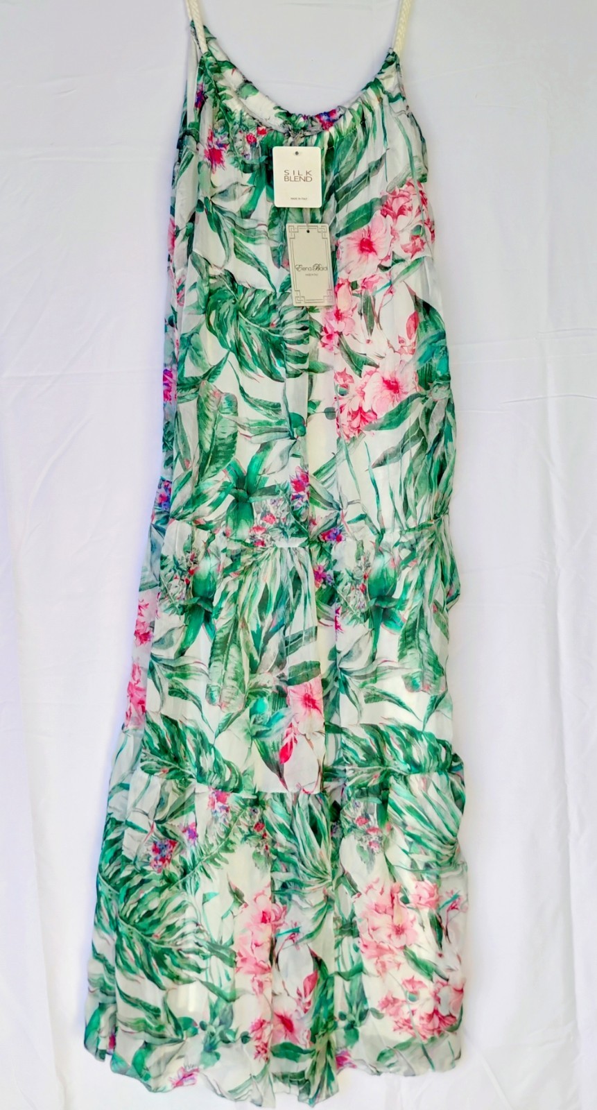 ELENA BALDI ELEGANT TROPICAL SILK BLEND BRAIDED STRAPS SUMMER DRESS – Italy