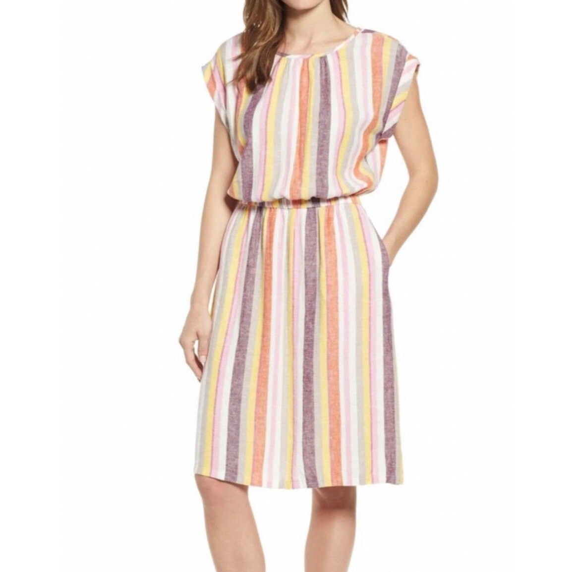 CASLON Multicolor Short Sleeve Striped Ladies Linen Blend Pullover Dress, XS