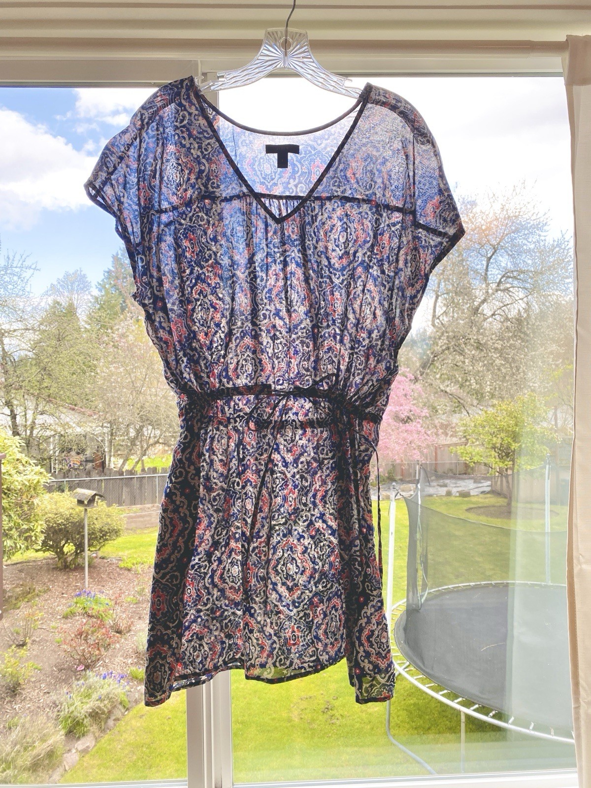 EUC JCrew S Cotton Tissue Tunic Top Dress Sheer Fabric Vneck Drawstring Waist