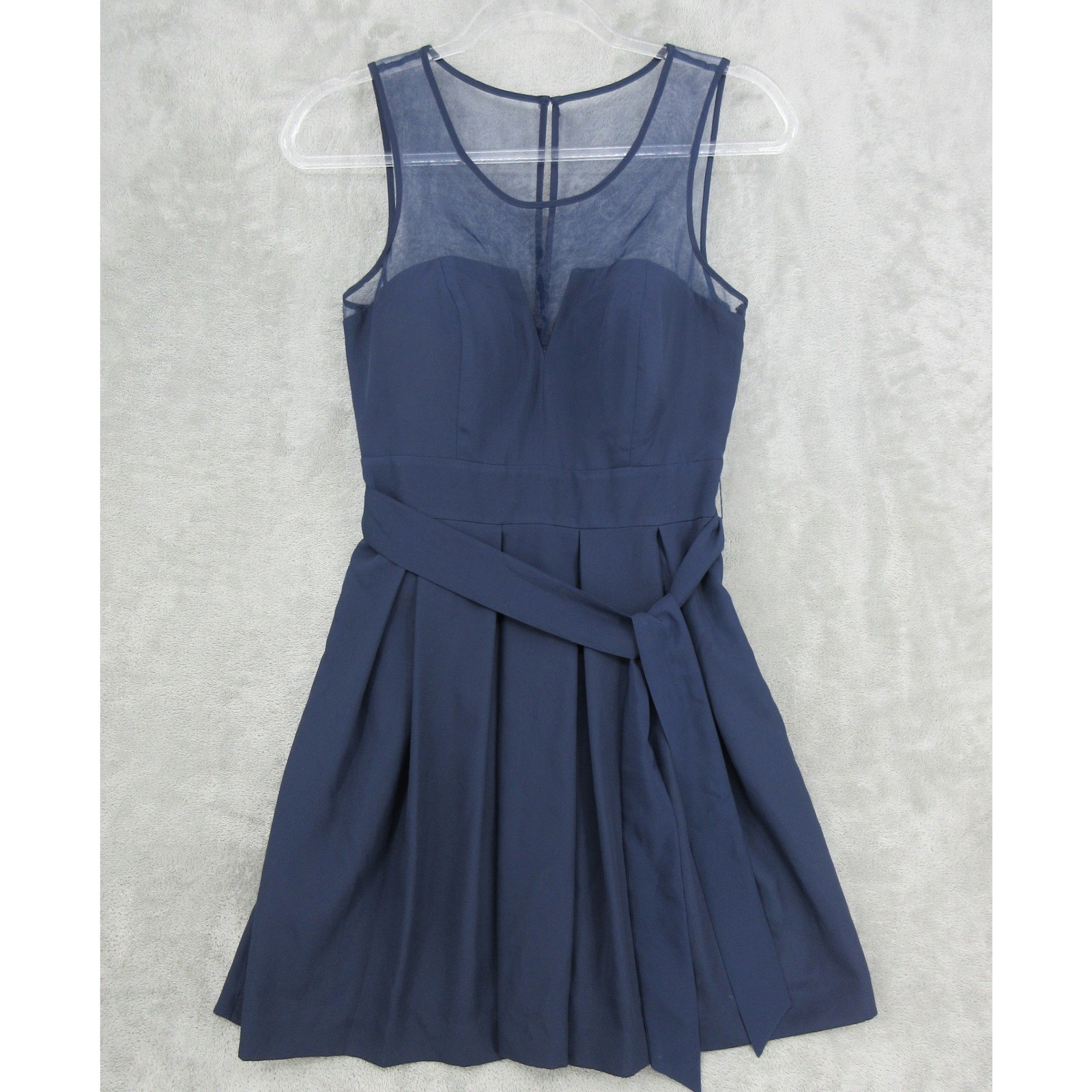 GUESS Dress Womens 2 Sheer Neckline Pleated Party Belted Navy Blue Event Zip