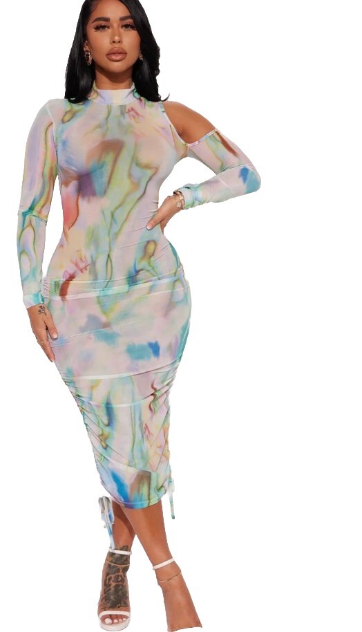 Fashion Nova Women’s Size M OH My Tie Dye Slit Maxi Long Dress Mesh See Thru
