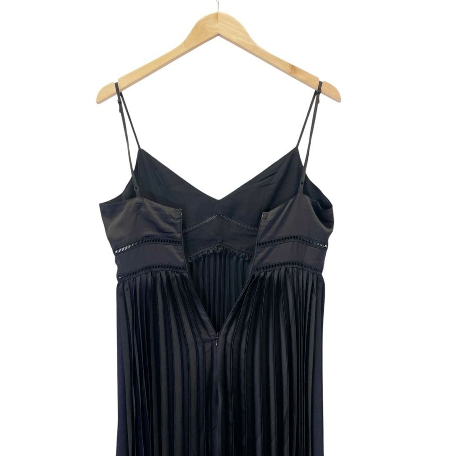 Saks Fifth Avenue Black Satin Pleated Midi Dress Spaghetti Strap V Neck Sz Small
