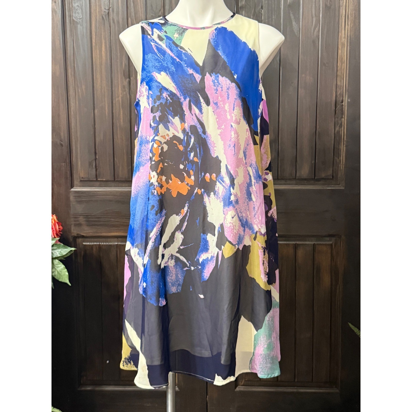 Taylor Women Blue Purple Abstract Floral Sleeveless Shift Dress Size 12