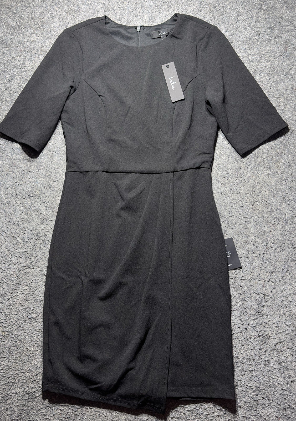 Lulus Dress Black 1/4 Sleeve Back Zip Faux Wrap Lined Women’s Sz M NWT