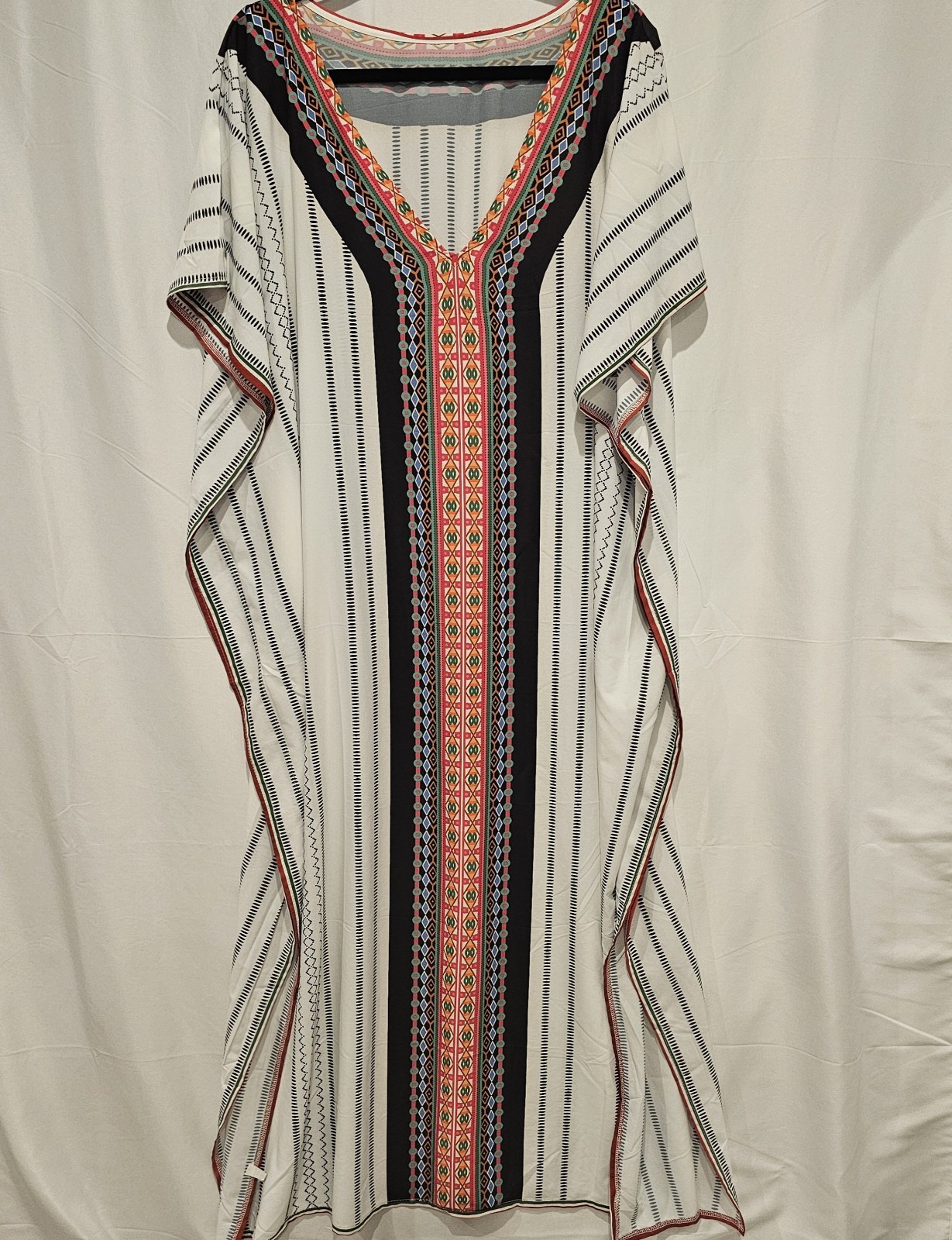 Women’s White Kaftan Dress One Size Colorful Stripe Boho Beach Cover Up Maxi