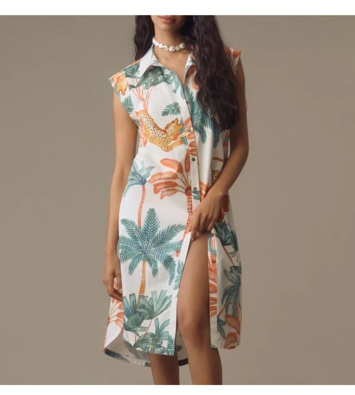 Anthropologie Maeve Lillian Cap Sleeve ShirtDress – L – Leopard/Tropical Print