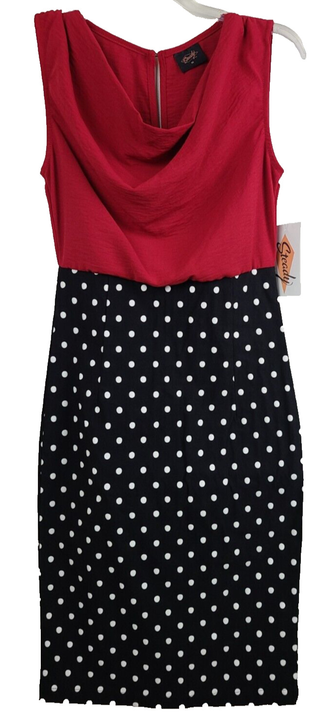 Steady Womens Vintage Inspired Dress Medium Red Black Polka Dot Cowl Neck NWT