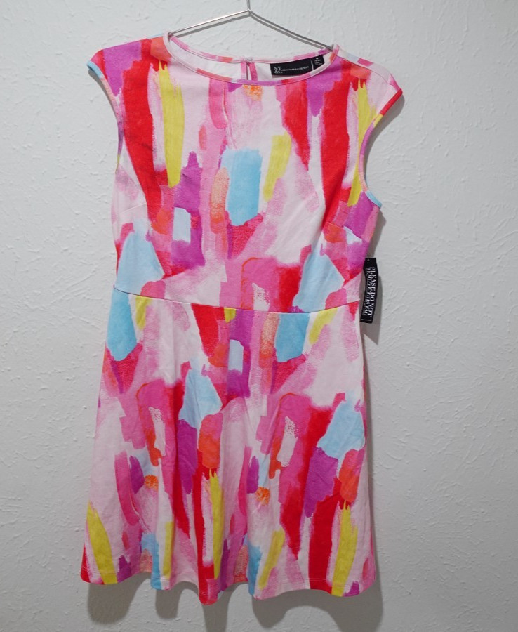 New York Co Womens Dress Size M Pink Cotton Cap Sleeve Colorful Modern A Line