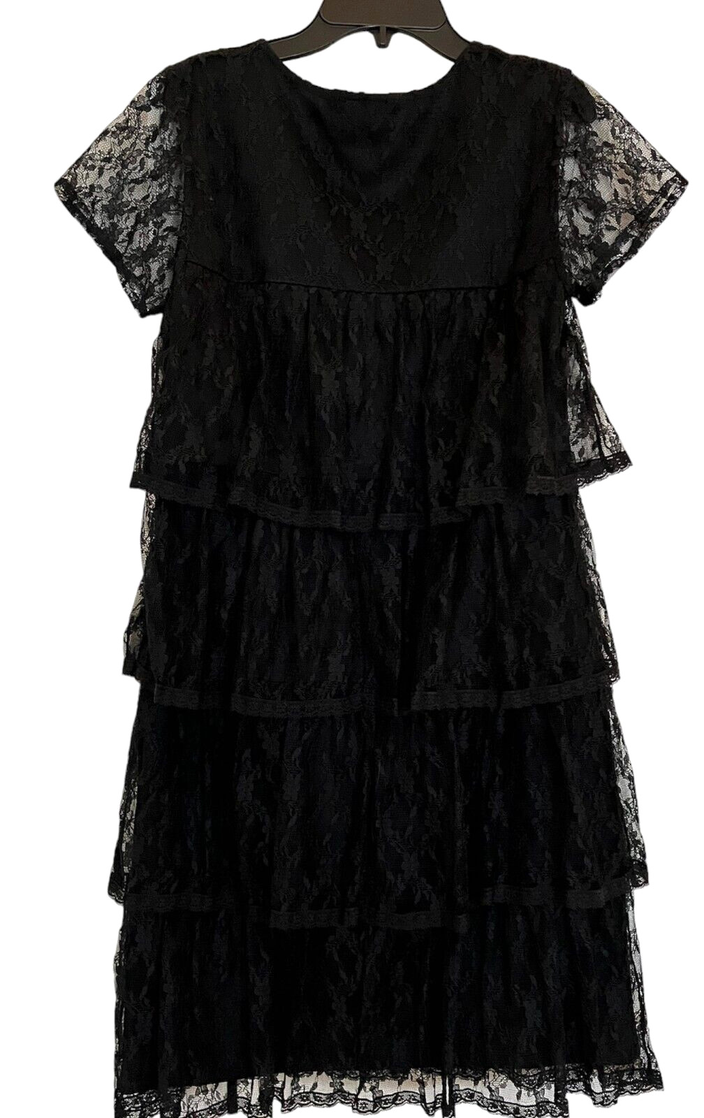 Metro Style Short/ Cap Sleeve Dress Black Lace Tiered Size 4