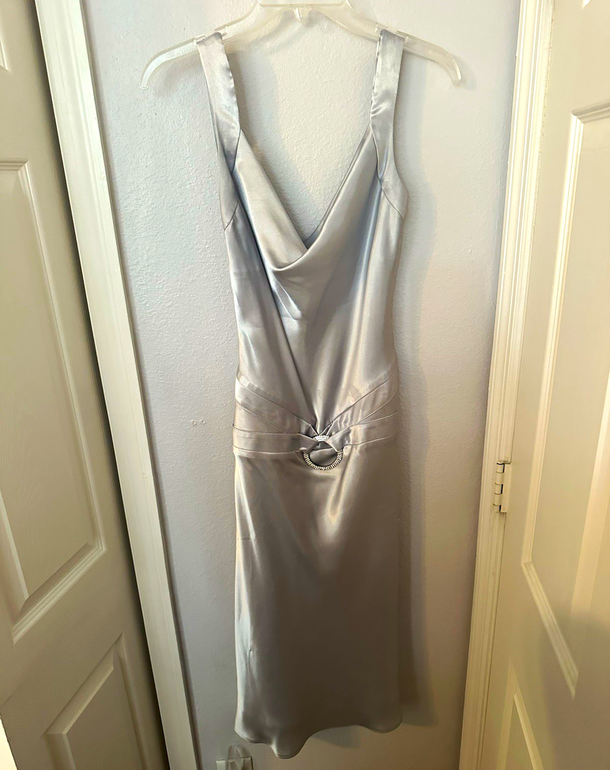 Women’s Silver Satin Silk Slip Dress Cowl Neck Midi Sleeveless Buckle Size 6