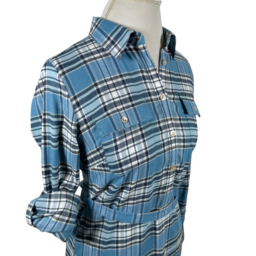 Peter Millar Blue Plaid Shirt Dress Flannel Belted Roll Tab Slvs Preppy Size S