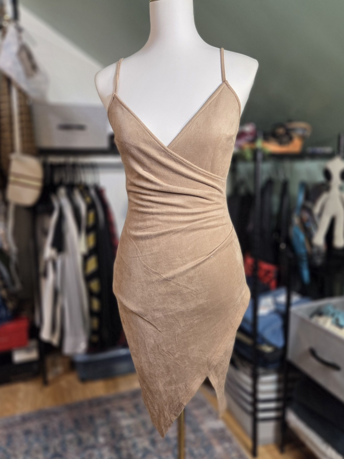 Privately Privileged Faux Suede Dress Women’s Small Tan Ruched Asymmetrical Hem